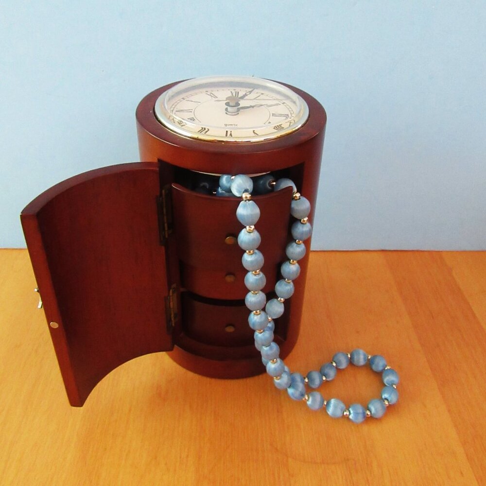 Vintage wood cylinder jewelry box with working clock - 6" tall - unisex